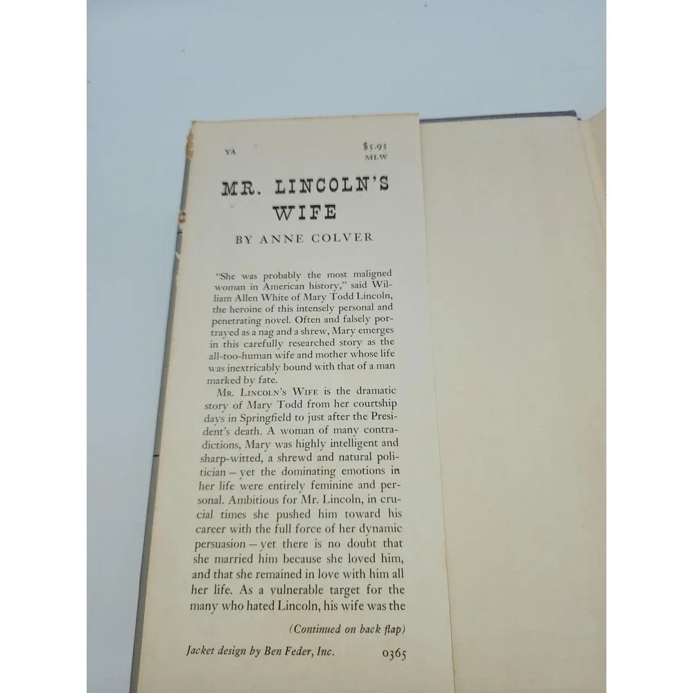 Mr. Lincolns Wife Anne Colver 1965 First Edition Hardcover Dust Jacket Mary Todd